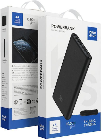 Blue Star W1086 Power Bank 10000mAh με 2 Θύρες USB-A και Θύρα USB-C Μαύρο