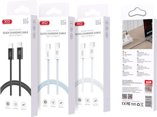 XO USB 2.0 Cable USB-C male - USB-C 60W PD Λευκό 1m 16.005.0356