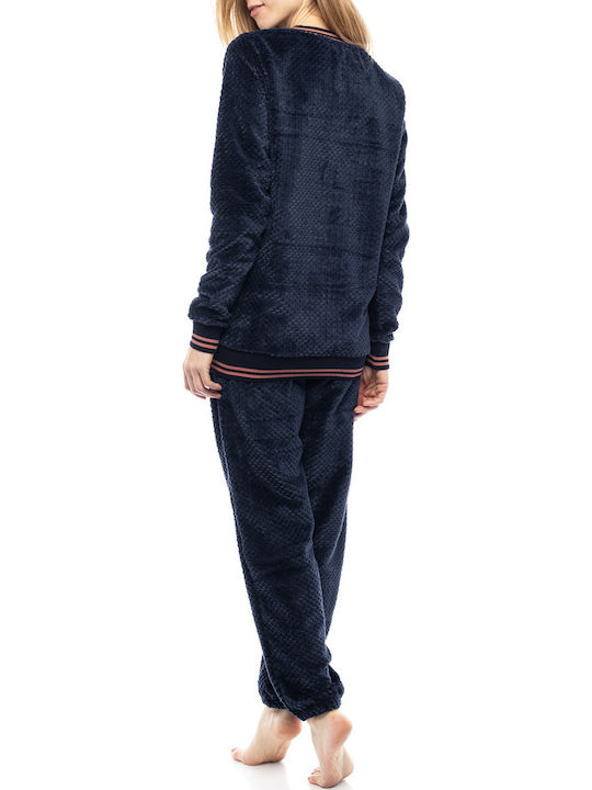 Pink Label Χειμερινό Γυναικείο Σετ Πιτζάμας Fleece Dark Blue