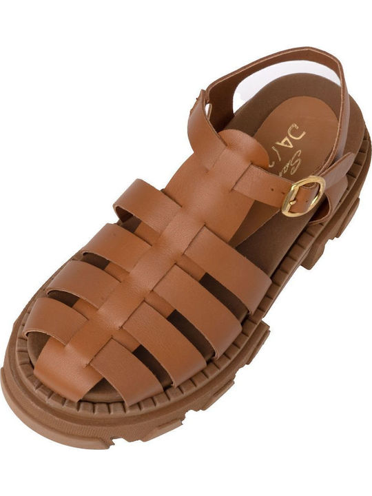 Leder Flache Sandalen für Damen in Tabac Braun Farbe