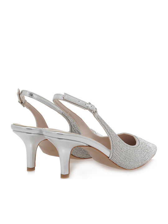 Synthetic Leather Silver Medium Heels with Strap