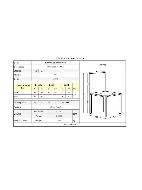 Scaun de exterior Plastic Vida Alb 49x53x86cm