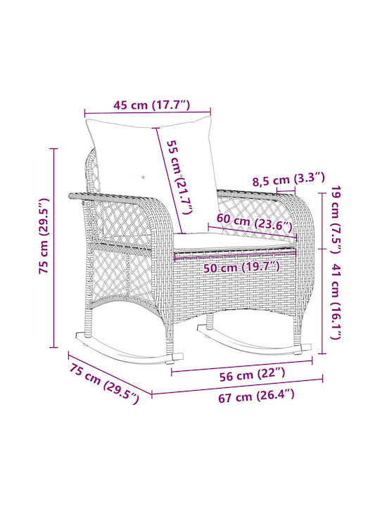 Rocking Chair Rattan Black Velvet-Black Metal with Cushion 50x60x93cm