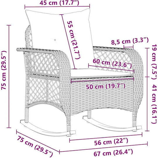 Rocking Chair Rattan Grey with Cushion 50x60x98cm