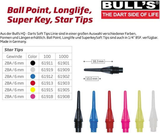 Bull's Star Soft Tips Punkt für Darts Schwarz 6mm 100Stück