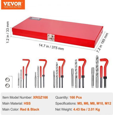 Vevor Helicoil Thread Repair Kit 166 pcs M5 M6 M8 M10 M12 Lwxlbgz166pcqc00wv0