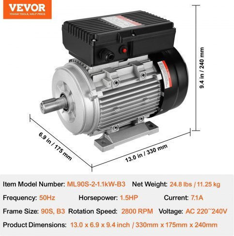 Single-phase Electric Motor 1.1 Kw 2800 Rpm 90s B3 Frame