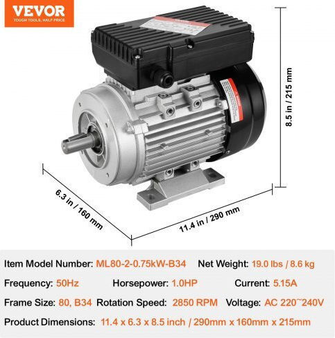Single-phase Electric Motor 2.2 Kw 2800 Rpm 90l B3 Frame 13.8 A 220 V/50 Hz Shaft Length 50 Mm