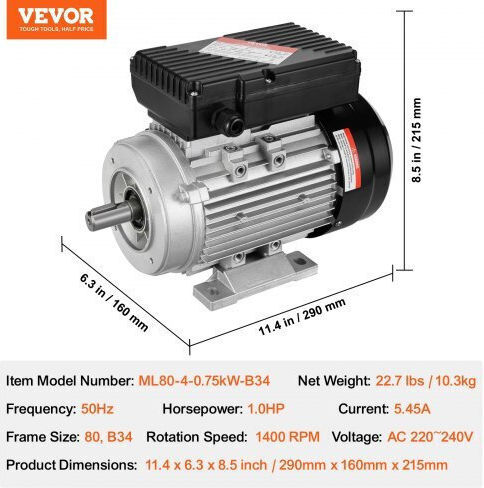 Single-phase Electric Motor 0.75 Kw 1400 Rpm 80 B34 Frame