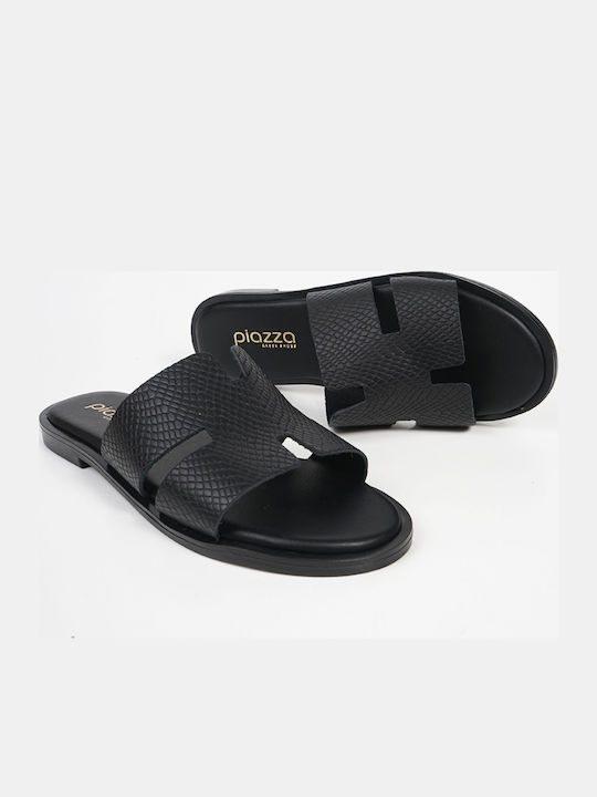 Leather Women's Flat Sandals in Black Color