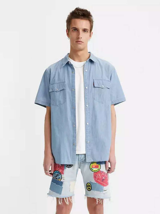 Western Short Sleeve Denim Shirt in Wide Line Blue