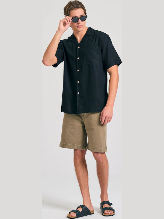 Short-sleeved Linen Shirt in Wide Line Black