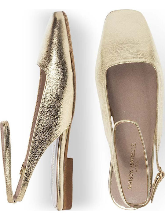 Δερμάτινες Γυναικείες Μπαλαρίνες Slingback με Λουράκι σε Χρυσό Χρώμα