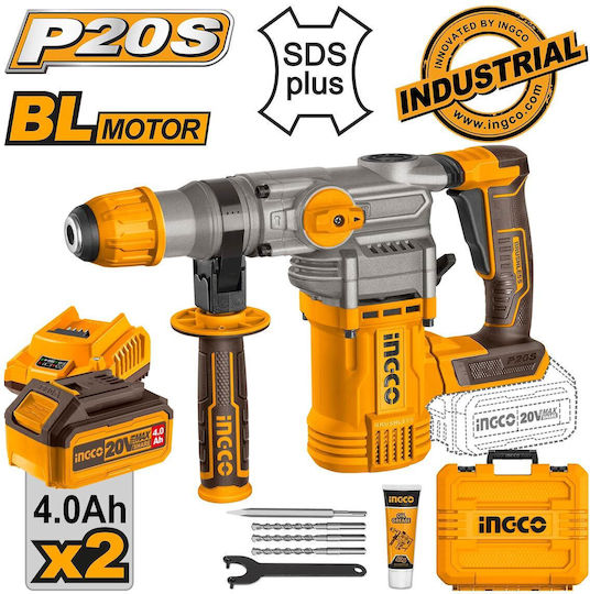 Ingco Impact Demolition Hammer Battery Brushless 20V 2x4Ah with Chuck SDS Plus CRHLI202882
