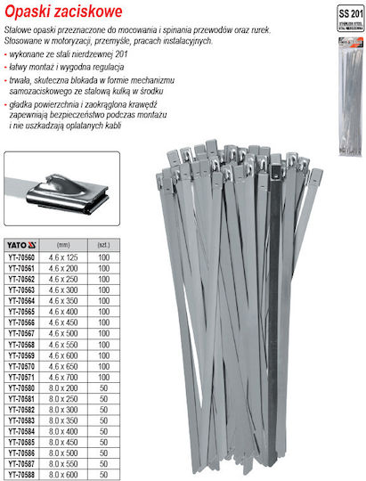 Yato Metallische Kabelbinder 300mm x 8mm in Schwarz Farbe 50Stück YT-70582