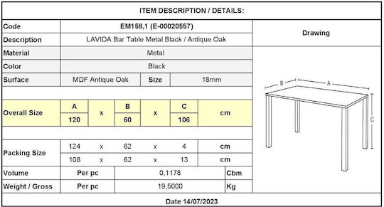 Lavida Τραπέζι Μπαρ Ξύλινο με Μεταλλικό Σκελετό Antique Oak 120x60x106εκ.