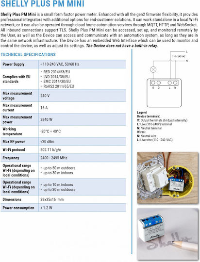 Shelly Plus Pm Mini Smart Switch 1 Καναλιού Wi-Fi, Bluetooth, ZigBee & RF 16A