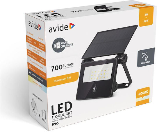 Avide Ηλιακός Προβολέας LED 8W Φυσικό Λευκό 4000K με Αισθητήρα Κίνησης