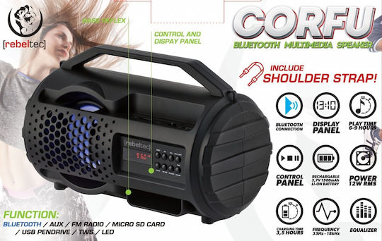Rebeltec Corfu Ηχείο Bluetooth 12W με Ραδιόφωνο και Διάρκεια Μπαταρίας έως 6 ώρες Μαύρο