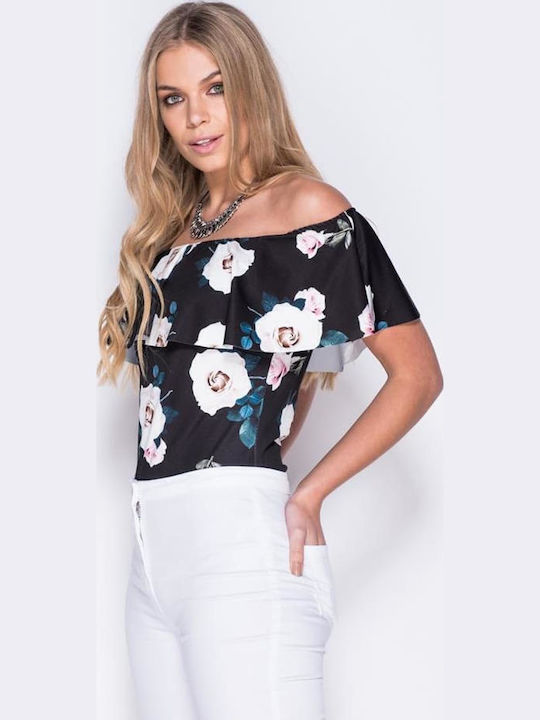 Floral Print Bardot Bodysuit Μαύρο