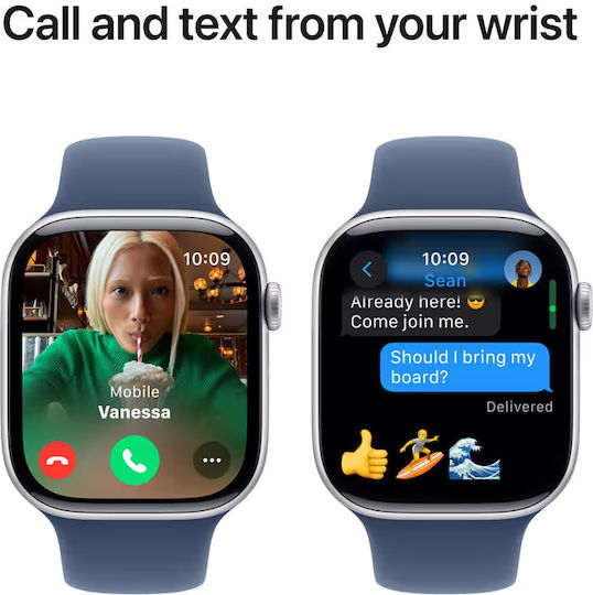 Apple Watch Series 10 Aluminum 46mm Waterproof with Heart Rate Monitor (Silver with Denim Sport Band - M/L)