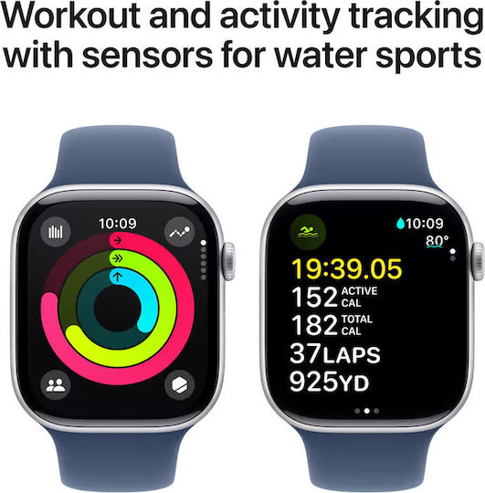 Apple Watch Series 10 Aluminum 46mm Waterproof with Heart Rate Monitor (Silver with Denim Sport Band - M/L)