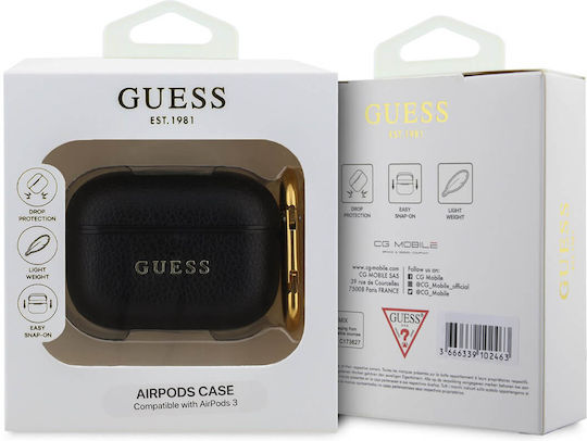 Guess Logo Case Θήκη Δερμάτινη με Γάντζο σε Μαύρο χρώμα για Apple AirPods 3