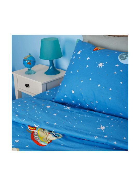 Set Cearceafuri Pentru Copii Single Space Albastru 165x270cm Alb Fabric