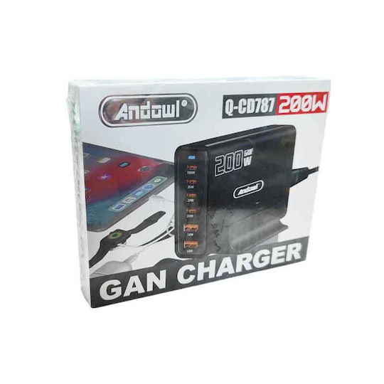 Andowl Βάση Φόρτισης GaN με 2 Θύρες USB-A και 4 Θύρες USB-C 200W Power Delivery / Quick Charge 3.0 σε Μαύρο χρώμα (Q-CD787)