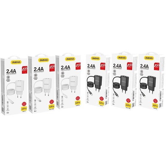 Dudao Зарядно с вграден кабел с 2 USB-A порта micro USB 12W Черен (A2ProM)