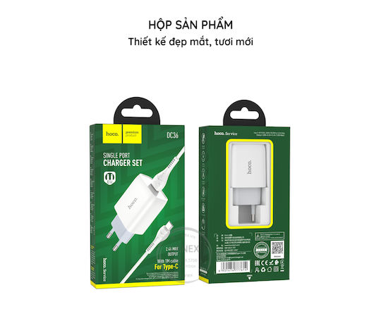 Hoco Ladegerät mit USB-A-Anschluss und USB-C-Kabel 12 W Quick Charge 3.0 / Power Delivery / PPS / Quick Charge 2.0 Weiß (DC36)
