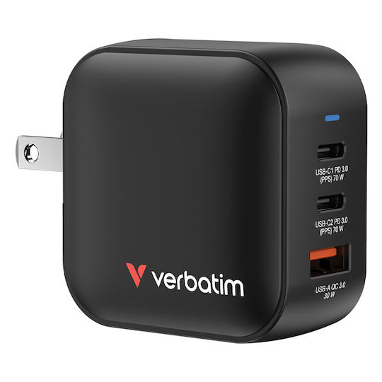 Verbatim Charger Without Cable GaN with USB-A Port and 2 USB-C Ports 70W Power Delivery / Quick Charge 3.0 / Quick Charge 4.0 Blacks (Mini)