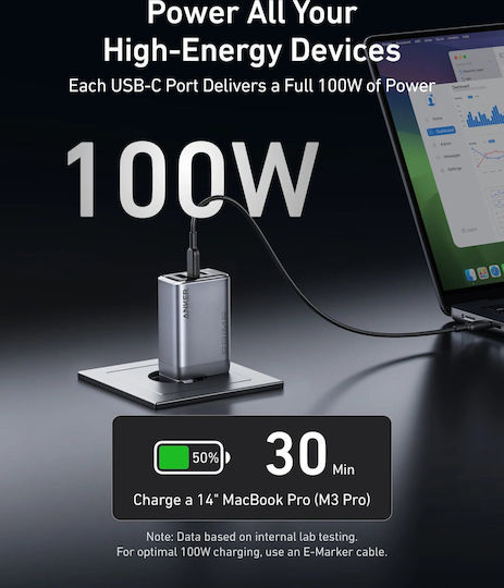 Anker Încărcător Fără Cablu GaN cu Port USB-A și 2 Porturi USB-C 100W Livrarea energiei Negruς (Prime)