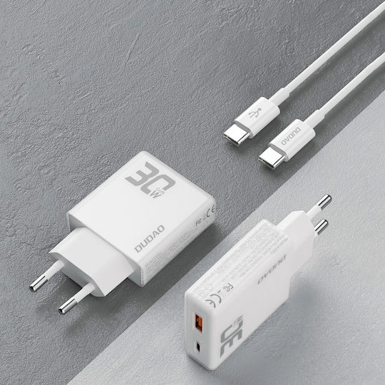 Dudao Φορτιστής GaN με Θύρα USB-C και Καλώδιο USB-C - USB-C 30W Power Delivery / Quick Charge 3.0 Λευκός