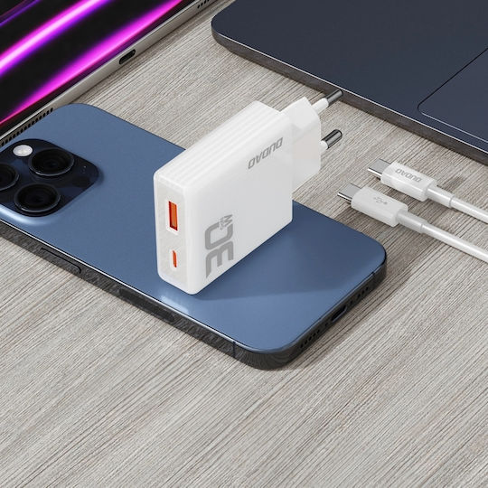 Dudao Φορτιστής GaN με Θύρα USB-C και Καλώδιο USB-C - USB-C 30W Power Delivery / Quick Charge 3.0 Λευκός