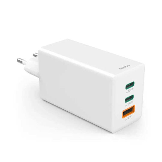 HAMA Зарядно без кабел GaN с USB-A порт и 2 USB-C порта 100W Power Delivery Бял (201997)