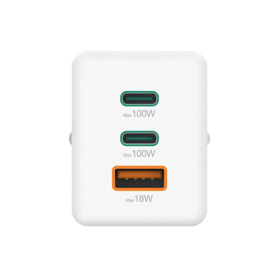 HAMA Зарядно без кабел GaN с USB-A порт и 2 USB-C порта 100W Power Delivery Бял (201997)
