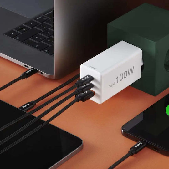 HAMA Зарядно без кабел GaN с USB-A порт и 2 USB-C порта 100W Power Delivery Бял (201997)