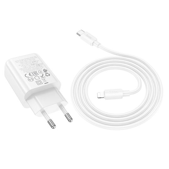 Hoco Ladegerät mit USB-A Anschluss und USB-C Anschluss und Kabel USB-C - Lightning 20W Stromlieferung / Schnellaufladung 3.0 Weißs (N61)