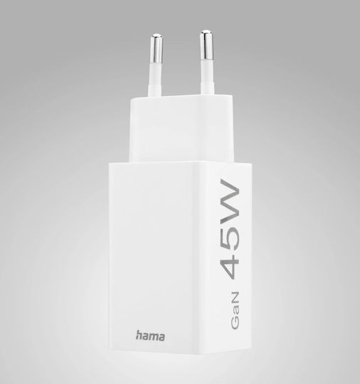 HAMA Зарядно без кабел GaN с USB-A порт и USB-C порт 45W Power Delivery Бял (00201993)