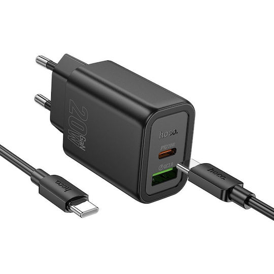 Hoco Φορτιστής με Θύρα USB-A και Θύρα USB-C και Καλώδιο USB-C - Lightning 20W Power Delivery / Quick Charge 3.0 Μαύρος (N61)