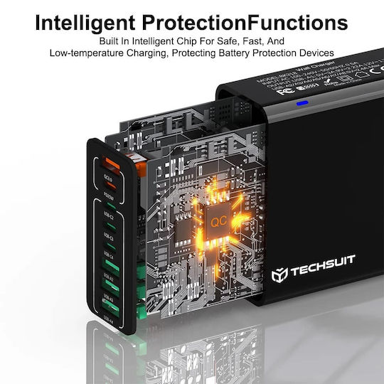 Techsuit Φορτιστής Χωρίς Καλώδιο με 4 Θύρες USB-A και 4 Θύρες USB-C 65W Power Delivery / Quick Charge 3.0 Μαύρος (CHPD224)