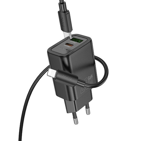 Hoco Charger with USB-A Port and USB-C Port and Cable USB-C 20W Power Delivery / Quick Charge 3.0 Blacks (N61)