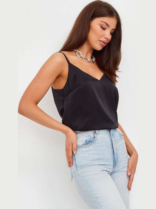 Γυναικείο Crop Top Σατέν με Τιράντες & V Λαιμόκοψη Μαύρο