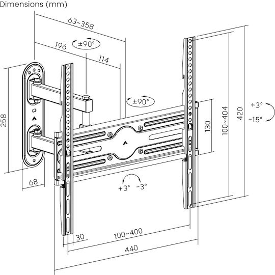 Powertech PT-1388 Βάση Τηλεόρασης Τοίχου με Βραχίονα έως 65" και 35kg Μαύρο