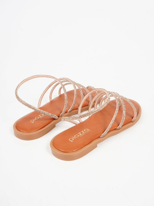 Leather Women's Flat Sandals in Gold Color