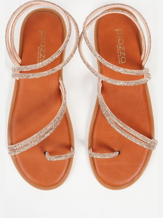 Leather Women's Flat Sandals in Gold Color