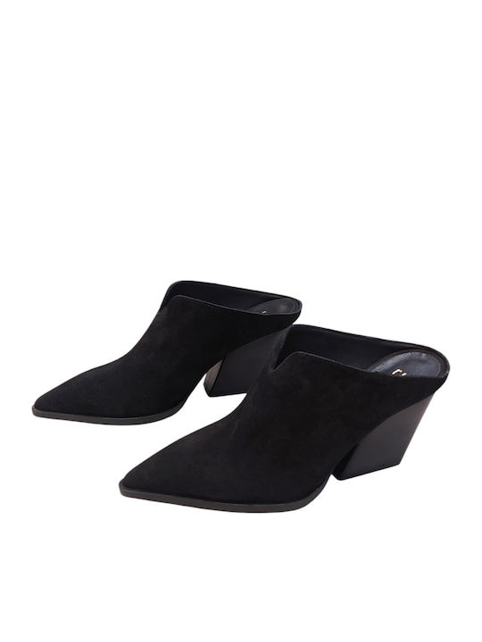 Leather Mules with Chunky High Heel in Black Color