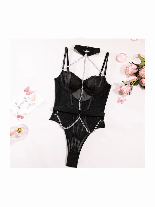 Sexy Intimate Erotic Lingerie Shaping Bodysuit Elastic Metal Chains Choker Trans Inserts