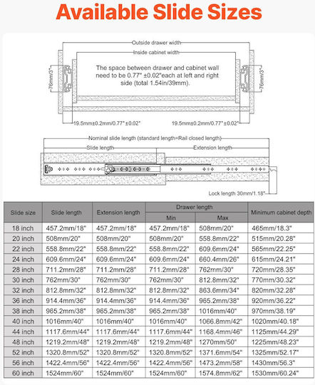 Vevor 1 Pair 18-60 In Soft-close Drawer Slides Ball Bearing Full Extension